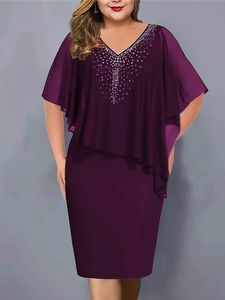 Abito estivo in chiffon con diamanti taglie forti Abito da donna a maniche corte con scollo a V solido Abito elegante aderente 240219