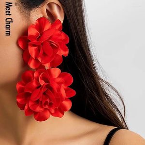 Dangle Earrings Vintage Exaggerated Fabric Red Flower Drop Women Trendy Bohemian Large Floral Earring Elegant Party Jewelry