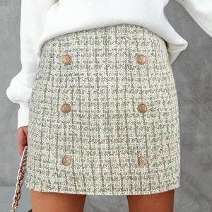 Skirts Fashion Women's Mini Skirt High Waist Plaid Print Above Knee Length Zipper Up Short With Decorative Button For Fall Winter