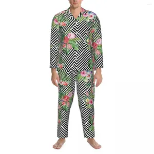 Herren-Nachtwäsche, tropischer Flamingo-Pyjama, Mann, geometrischer Blumendruck, schöner täglicher Herbst, 2-teiliges, lässiges, übergroßes, individuelles Pyjama-Set