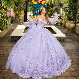 Сиреневое блестящее бальное платье Quinceanera Платья с пышными рукавами и аппликациями Кружевные бусы Тюль Корсет Sweet 16 Vestidos De 15 Anos