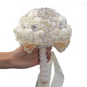 Wedding Flowers Gorgeous Crystal Bouquet Ivory Rose Bridesmaid Artificial Sapphire Pearl Beaded