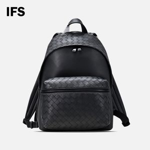 High End Men's Fashion Leather Woven Large Capacity Leisure Travel Ryggsäck Lätt lyxig design Business Notebook Tablet Computer Bag Black Unisex