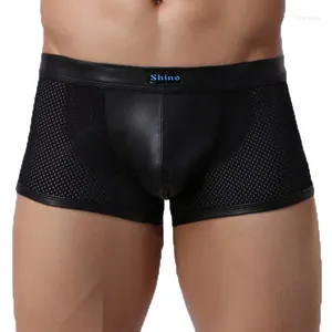 Mutande Sexy Gay Underwea Uomo Boxer Pantaloncini Nero Ecopelle Mesh Mutandine Uomo Vita bassa Custodia Cueca Masculinas S-L