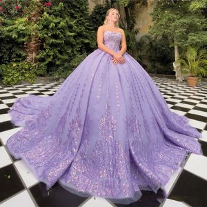 Leylak Parlak Prenses Quinceanera Elbiseler 2024 Tatlı 16 Elbise Balo Elbise Aplike Dantel Boncuklar Tull Parça Balo Yiymek Dantel Yukarı Vestidos De 15