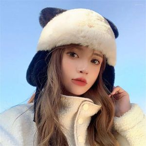 Berets Faux Fur Trapper Chapéu Moda Bonito Panda Inverno Quente Lei Feng Pelúcia Ski Earflap Bonnet Mulheres