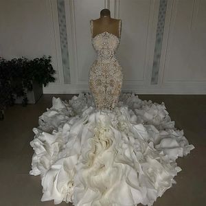 TolningBride 2024 Crystal Mermaid Wedding Dresses Sexiga älsklingspärlor Applices Lace Bridal Bowns Custom Made Sweep Train Bride Dress