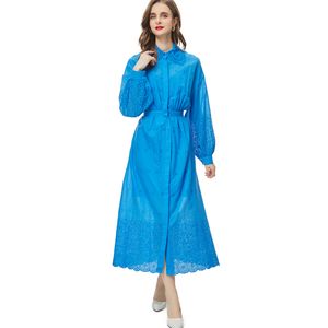 Women's Runway Dresses Turn Down Collar Long Sleeves Embroidery Single Breasted Hollow Out Fashion Casual Vestidos