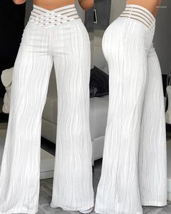 Women's Pants Women Overlap Waist Textured Flared 2024 Spring Autumn High Long Wide Leg Casual Solid White Clothes