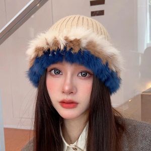 Berets Women's Winter Hats Handwoven Knitted Stitching Imitation Fur Warm Earmuffs Hat Fashion Cute Big Head Girls Beanie Caps