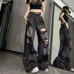 Deeptown Black Y2k Ripped Jeans Women Harajuku Gothic Grunge Baggy Denim Pants Korean Streetwear Gyaru Trousers Kpop Hippie 240219