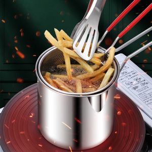 KQJQS Mini Deep Fryer Pot Stainless Steel, Japanese Style Oil-saving Small Fryer With Strainer, Filter Skimmer - Ideal for Frying Chicken Legs, French Fries, and More