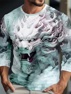Erkek Tişörtleri İlkbahar ve Sonbahar 3D Dijital Ejderha Baskılı Desen Uzun Kollu Yuvarlak Boyun Sıradan T-Shirt Üstler Yıkanmış Grafik Tees
