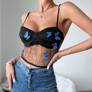 Women's Tanks Butterfly 3D Black Mesh Corset Summer Niche Streetwear Womens Slim Fit Perspective Tank Tops Bustier Lingerie Camisole