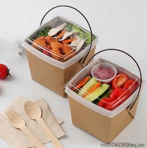 Gift Wrap 100 Pcs Disposable Fast Food Boxes Kraft Paper Lunch Box With Handle Dogget Packaging Snack Takeout Containers