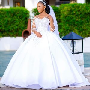 South African Nigeria Wedding Dresses Bridal Gowns Sheer Neck Long Sleeves Illusion Satin Wedding Dress for Bride Plus Size Ball Gown Queen Princess Marriage NW120