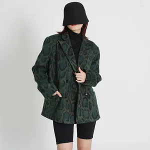 Women's Jackets Trendy Style Retro Small Suit 2024 Autumn Polo Collar Long Sleeve Green Leopard Print Loose Fashion Coat Wear