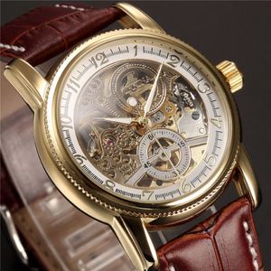 Men Wrist Watches Luxury Golden Skeleton Mechanical Steampunk Male Clock Automatic Wristwatch Leather Strap Herren Horloges J19070299o