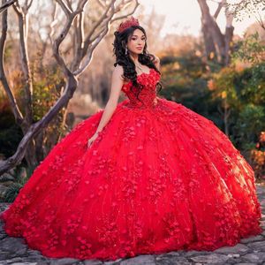 Röda 3D -blommor paljetterad spetsboll klänning quinceanera klänningar med Cape Corset Sweet 16 Vestidos de xv anos