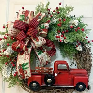 Decorative Flowers 2024 Christmas Decoration Red Truck Wreath Door Hanging Farmhouse Window Front Bow Berry Winter