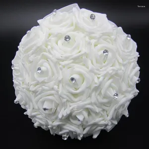 Flores de casamento 2024 lindo buquê de flores brancas para dama de honra, buquê de rosas artificiais de cristal