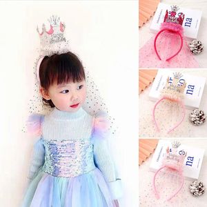 Hair Accessories Children Gauze Crown Bands Princess Hoop Birthday Party Headwear Baby Girls Sequin Happy