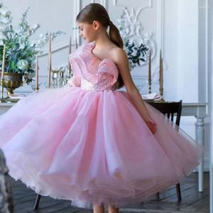 Vestidos de menina flor vestido rosa curto manga única fofo lantejoulas enfeite de cristal casamento crianças festa de comunhão