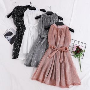 Casual Kleider Frauen Sommer Sexy Bling Star Print Organza Halter Seide Mini Bogen Kleid Lace Up Bandage Strap Pullover Chiffon kurze Strand