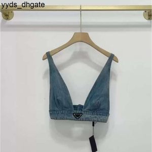 Prado Damen T-Shirts Designer Unterwäsche mit Metall-Dreieck-Abzeichen Sexy Deep V Denim Sling Tube Tops Damenbekleidung