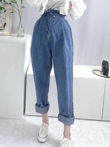 Kadın Kot Mavisi Kadınlar Denim Pantolon Pileli Piled Pliced ​​Yüksek Bel Giyim Geniş Bacak Moda Vintage Düz Mop