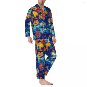 メンズスリープウェアフォールフラワーパジャマの男性カラフルなプリント快適なレジャー秋2枚カジュアルな特大の印刷パジャマセット