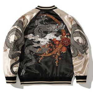 Dragon Embroidered Baseball Jacket Streetwear Contrast Color Coats Unisex Harajuku Trendy Outerwear Casual Loose Jackets For Men 240223