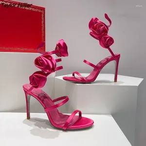 サンダル2024豪華な花のオープントゥハイヒールセクシーなサテンスティレットアンクルラップファッションパーティーキャットウォークデザイナー女性靴