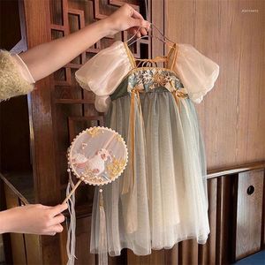 女の子のドレスガールズハンフ2024レトロなチャイニーズスタイルの夏のドレス姉妹の子供の古代服の赤ちゃんプリンセススカート2-10y