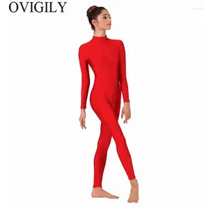 Bühnenkleidung Frauen Mock Neck Langarm Unitards Shiny Spandex Ganzkörper Unitard Dancewear Schwarze Gymnastik-Bodysuits für Herren