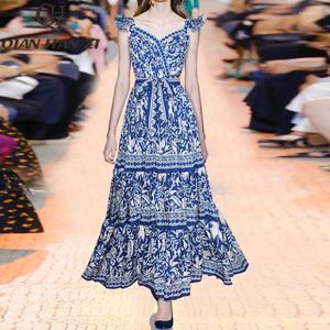 Casual Dresses QHZ Designer Runway Fashion Vintage Long Dress Women Shoulder Strap Print Backless Sexy Ethnic Style Vacation Maxi