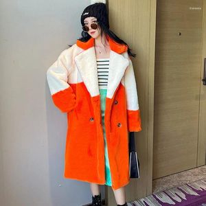 女性の毛皮冬の女性韓国カジュアルオレンジオレンジ色の女性フェイクコートパッチワークコントラストカラーラペルスリーブ模倣オーバーコート