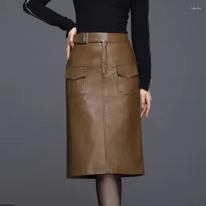 スカート＃1623ブラックレッドカーキペンシルPUスカート女性ベルトオフィスエレガントなフェイクレザー女性スリムフロントポケット膝の長さの冬