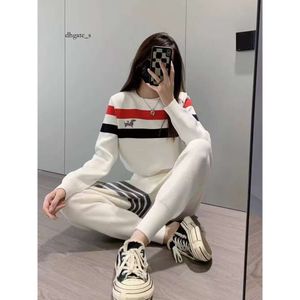 College Style TB Dog Knit for Women's Autumn New Contrasting Striped Sweater Pants Casual Sports Two-piece Set