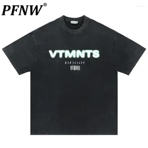 Men's T Shirts PFNW Hip Hop Letter Printing Short Sleeve T-shirts Worn Out Male Tee American Stylish Vintage 2024 Summer Tops 28W2801