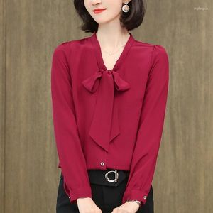 Kvinnors blusar Real Silk Office Lady Shirt 2024 Spring Summer Elegant Long Sleeve Bow Shirts Button Fashion Woman Solid Blause