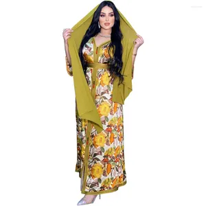 Roupas étnicas Sudeste Asiático Oriente Médio Longo Cinto Impresso Vestido para Mulheres Jalabiya Muçulmano Dubai Party Robe Sem Lenço