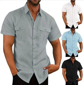 Эластичная рубашка с короткими рукавами и карманами из хлопка и льна, мужские летние однотонные рубашки с воротником-стойкой, повседневные мужские рубашки в пляжном стиле 240219