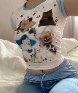 Женская футболка Y2k Aesthetics Tops Японская футболка Harajuku 2000-х годов Kawaii Cat Print с коротким рукавом Fairycore Patchwork Сексуальная тонкая детская футболка EMO