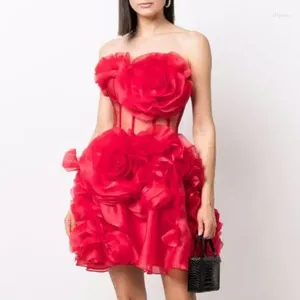 Casual Dresses Organza Dress Strapless Floral Hand Made Mini Elegant for Women Plus Size Red Women's Party