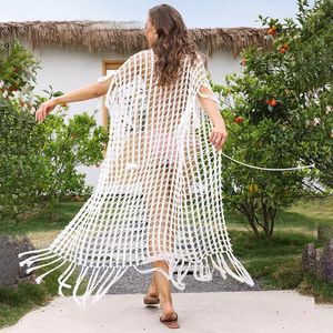 Mulheres Swimwear Mulheres Crochet Beach Cover Up Knit Long Kaftan Túnicas para Maiô Robe Plage Tassel Banheira Terno