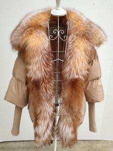 Cappotti FURYOUME Cappotto invernale da donna Piumino d'anatra bianco con grande collo in vera pelliccia di volpe argentata Capispalla allentata femminile Cappotto di moda