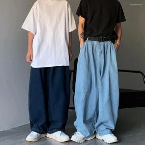 Jeans masculinos cintura elástica cintura elástica homens bolsos hip hop perna larga calças jeans streetwear
