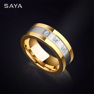 Rings 8mm Tungsten Rings for Men Gold Plating Wedding Bands 3 CZ Stone Marriage, Free Shipping, Customized