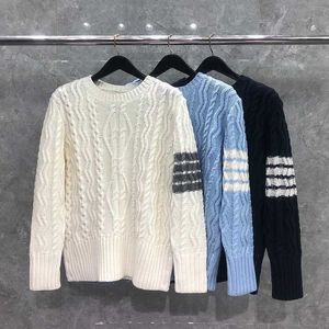 TB THOM Men's Sweater Winter Fashion Brand Coats Merino Wool Arm Cable 4-Bar Stripe Knit Crew Neck Pullovers Casual Sweaters